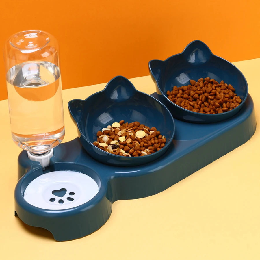 Triple Cat Bowls Pet Feeder, 2-In-1 Double Bowls with Automatic Drinking Bottle, Tilted and Rotatable Design for Cats and Dogs