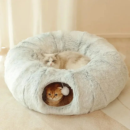 Plush Cat Bed with Tunnel for Indoor Cats Multifunctional Cat Tunnel Bed with Peephole Fluffy Donut Cat Bed with Tunnel