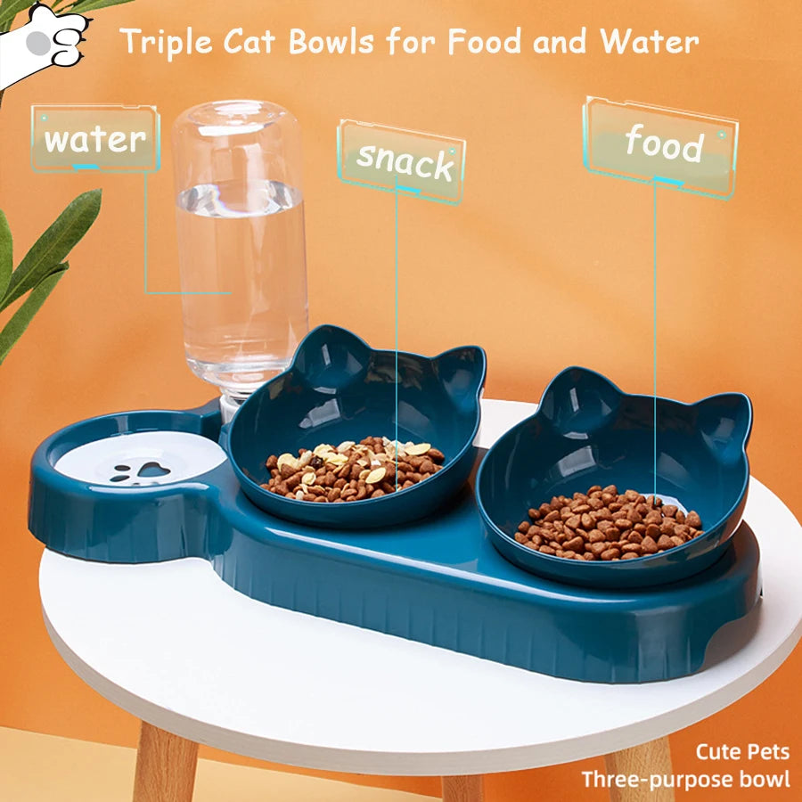 Triple Cat Bowls Pet Feeder, 2-In-1 Double Bowls with Automatic Drinking Bottle, Tilted and Rotatable Design for Cats and Dogs