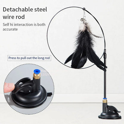 Cat Toy Cat Teaser Stick with Bell Extended Rod Suction Cup Self High and Durable Bite Teaser Tool Replaceable Feather Head