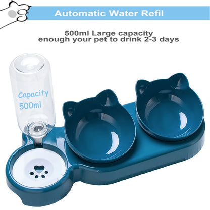 Triple Cat Bowls Pet Feeder, 2-In-1 Double Bowls with Automatic Drinking Bottle, Tilted and Rotatable Design for Cats and Dogs