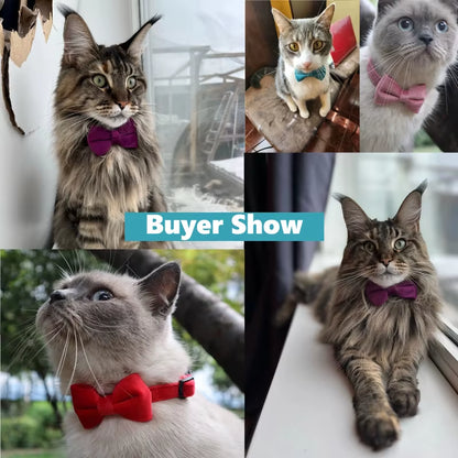 Velvet Bowknot Cat Collar Adjustable Safety Buckle Kitten Puppy Bow Tie Solid Color Cats Collar with Bell Pets Accessories