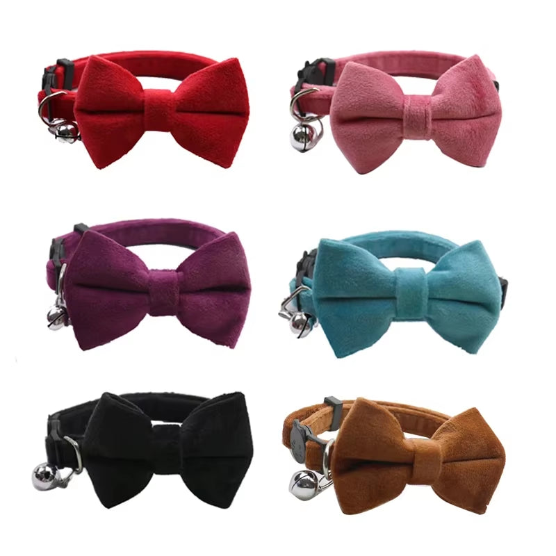 Velvet Bowknot Cat Collar Adjustable Safety Buckle Kitten Puppy Bow Tie Solid Color Cats Collar with Bell Pets Accessories