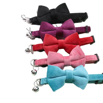 Velvet Bowknot Cat Collar Adjustable Safety Buckle Kitten Puppy Bow Tie Solid Color Cats Collar with Bell Pets Accessories