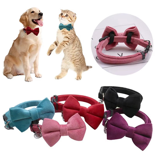 Velvet Bowknot Cat Collar Adjustable Safety Buckle Kitten Puppy Bow Tie Solid Color Cats Collar with Bell Pets Accessories